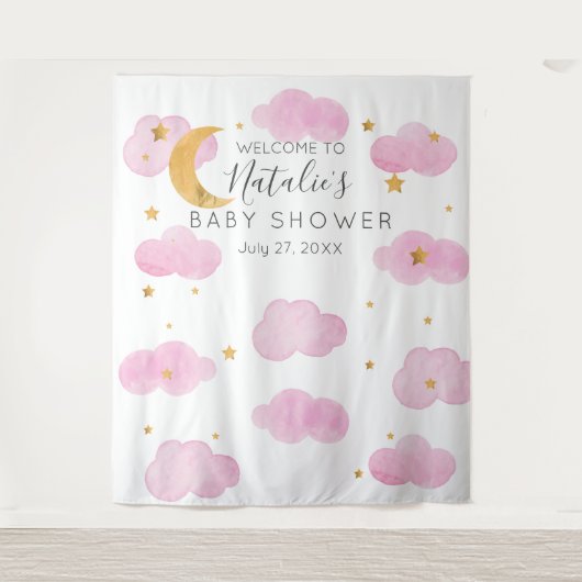 Moon & Stars personalizado rosa Baby Shower texto Wandteppich (Vorderseite)