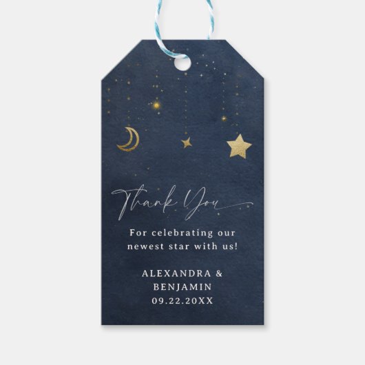 Moon Stars Starry Night Navy Blue Gold Baby Shower Geschenkanhänger (Vorderseite)