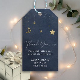 Moon Stars Starry Night Navy Blue Gold Baby Shower Geschenkanhänger