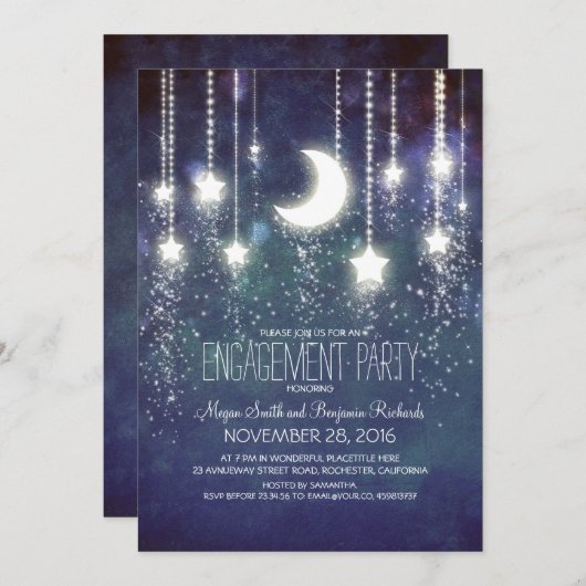 Moon Stars & String Lights Engagement Party Einladung (Vorne/Hinten)