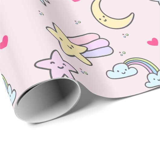 Moon, Stars und Wolken Muster auf Pastellrosa Geschenkpapier (Rolleneckpunkt)