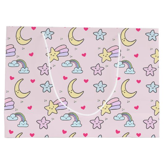 Moon, Stars und Wolken Muster auf Pastellrosa Große Geschenktüte (Rückseite)