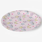 Moon, Stars und Wolken Muster auf rosa Pappteller (Schrägansicht)