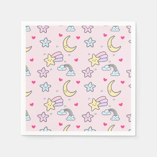 Moon, Stars und Wolken Muster auf rosa Serviette (Vorderseite)