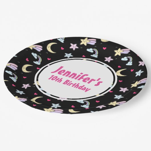 Moon, Stars und Wolkenmuster auf dem Schwarzen Geb Pappteller (Schrägansicht)