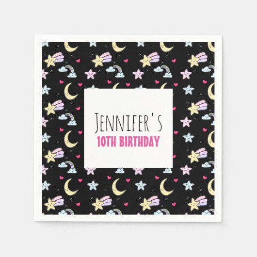 Moon, Stars und Wolkenmuster auf dem Schwarzen Geb Serviette (Vorderseite)