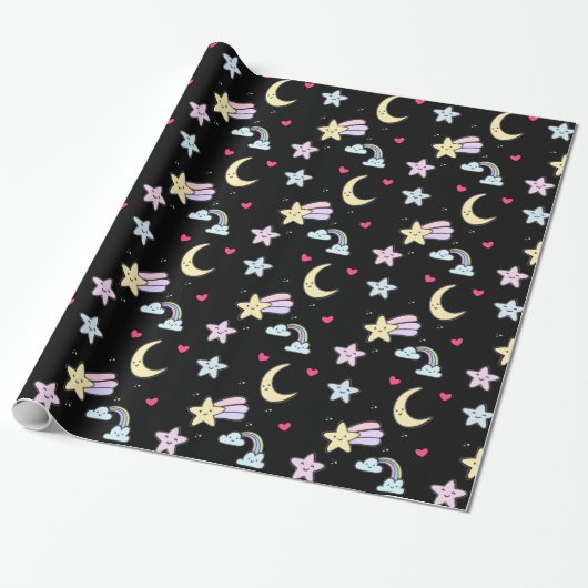 Moon, Stars und Wolkenmuster auf schwarz Geschenkpapier (Ungerollt)