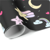 Moon, Stars und Wolkenmuster auf schwarz Geschenkpapier (Rolleneckpunkt)