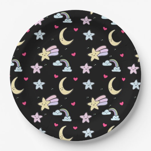 Moon, Stars und Wolkenmuster auf schwarz Pappteller (Vorderseite)