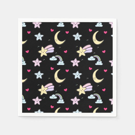 Moon, Stars und Wolkenmuster auf schwarz Serviette (Vorderseite)