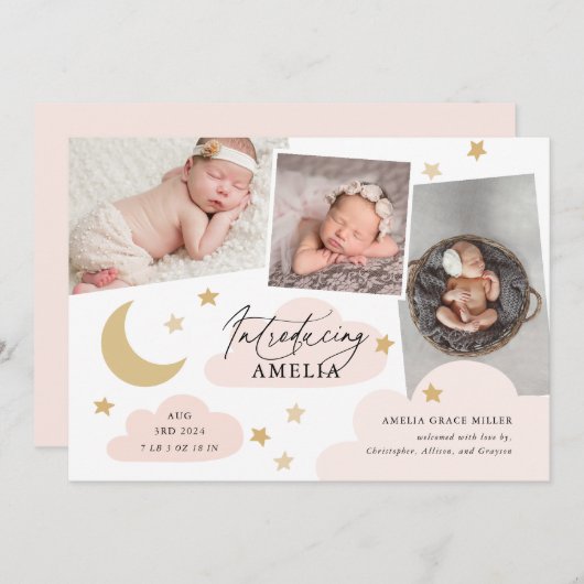 Moon Stars Wolken 3 Foto Collage Pink Birth Ankündigung (Vorne/Hinten)