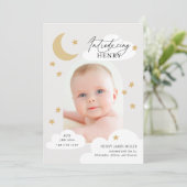 Moon Stars Wolken Arch Foto Neutral Graue Geburt Ankündigung (Stehend Vorderseite)