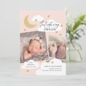 Moon Stars Wolken Collage Foto Rosa Birth Ankündigung (Stehend Vorderseite)
