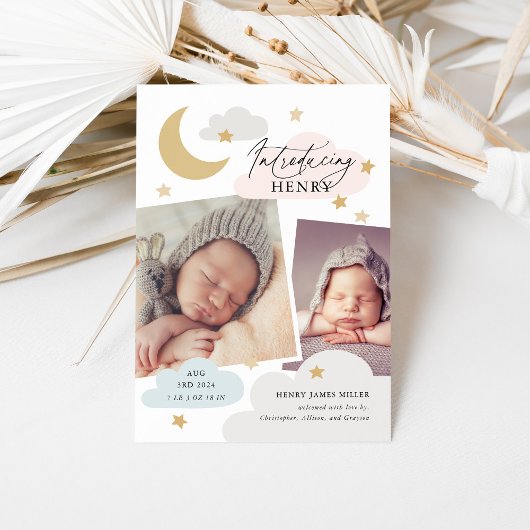 Moon Stars Wolken Collage Foto Rosa Blau Geburt Ankündigung