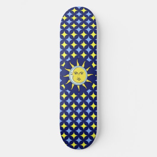 Moon & Sun auf Blue & Yellow Star-Muster Skateboard (Vorderseite)