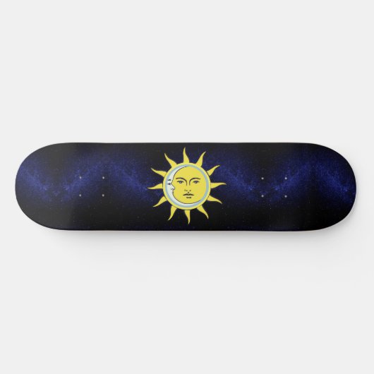 Moon & Sun Convernation on Navy Blue Galaxy Skateb Skateboard (Horizontal)