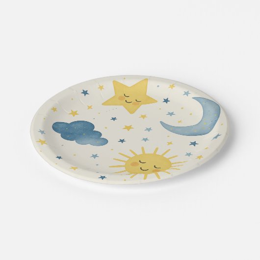 Moon, Sun, Stars & Cloud Baby Dusche Pappteller (Schrägansicht)