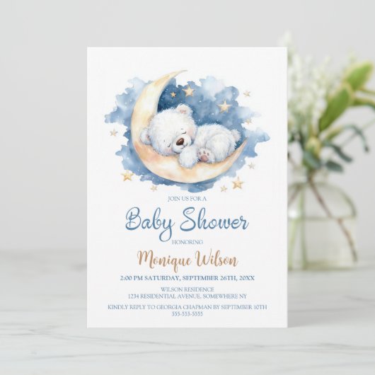 Moon Teddy Bear Baby Shower Invitation Einladung (Stehend Vorderseite)