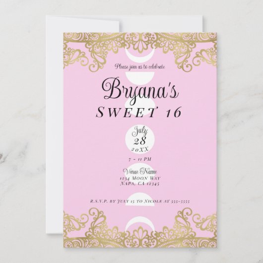 Moon Temple Pink & Gold Verziert Sweet 16 Einladung (Vorderseite)