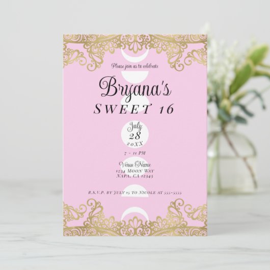 Moon Temple Pink & Gold Verziert Sweet 16 Einladung (Stehend Vorderseite)