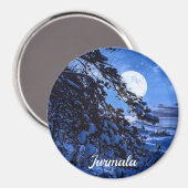 Moon über schneebedeckten Tannenbaum und Meeresküs Magnet (Vorderseite/Rückseite)
