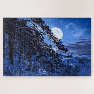 Moon über schneebedeckten Tannenbaum und Meeresküs Puzzle