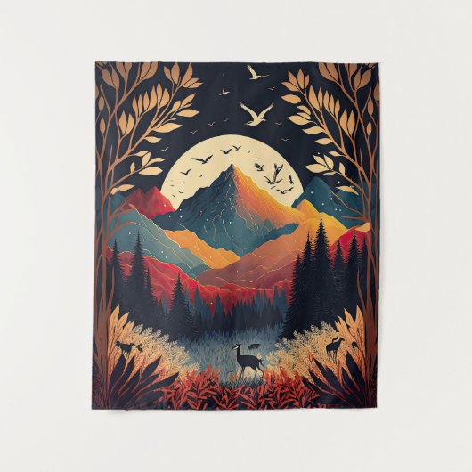 Moon und farbenfrohe Bergwelt Tapisserie Wandteppich (Vorderseite)