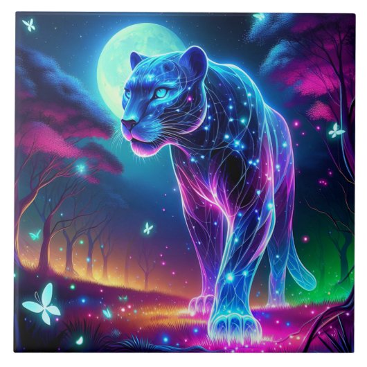 Moon und Panther Holographic Neon farbenfroh | Fliese (Vorderseite)