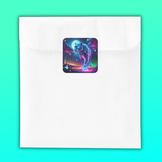 Moon und Panther Holographic Neon farbenfroh | Quadratischer Aufkleber