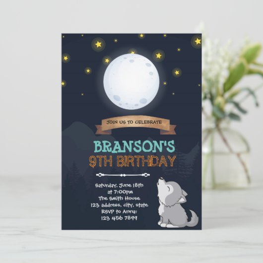 Moon Wolf Einladung zum Geburtstag (Stehend Vorderseite)