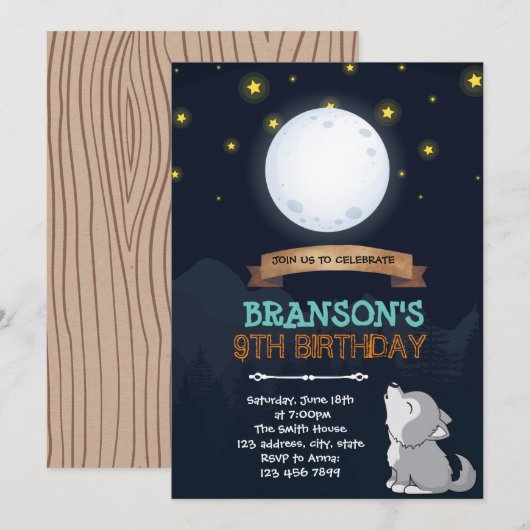 Moon Wolf Einladung zum Geburtstag (Vorne/Hinten)