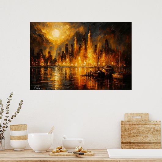 Moonfire Skyline - Fiery Cityscape Under Full Moon Poster (Küche)