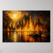 Moonfire Skyline - Fiery Cityscape Under Full Moon Poster (Vorne)