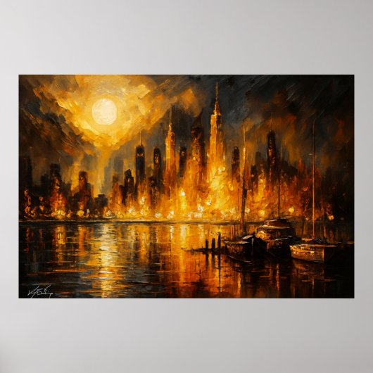 Moonfire Skyline - Fiery Cityscape Under Full Moon Poster (Vorne)