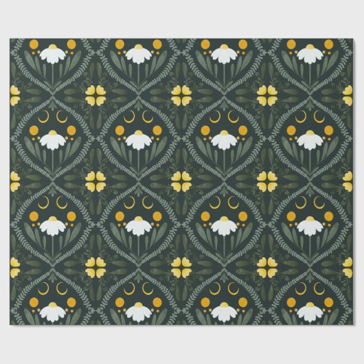 Moonflower Grid | Dunkles Waldgrün Geschenkpapier (Flach)