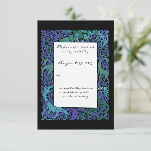 Moonlight Blue Celtic Animals Design Wedding RSVP (Stehend Vorderseite)