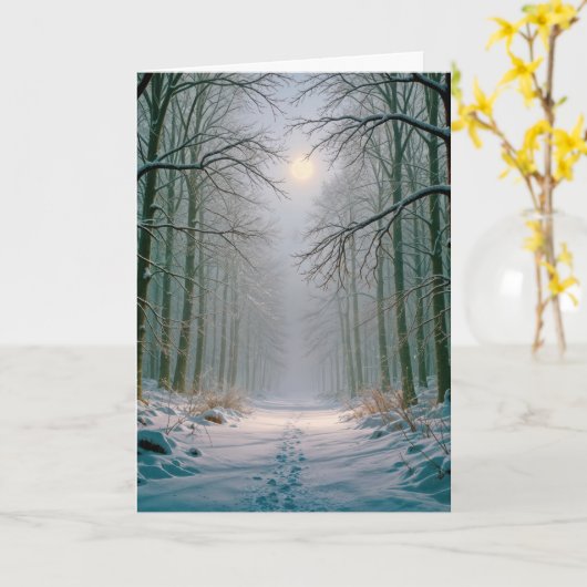 Moonlight Christmas Footprints In a Snowy Forest Karte (Gelbe Blume)