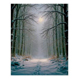 Moonlight Footprints In a Snowy Forest Poster