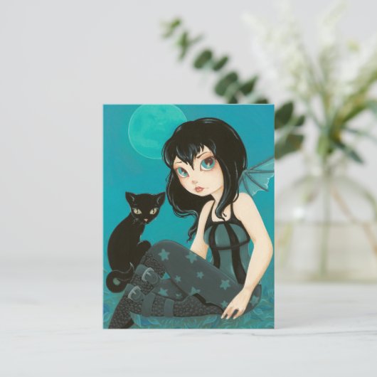 Moonlight Hijinks - Fairy Black cat Postkarte (Stehend Vorderseite)