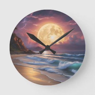 Moonlight Midnight Beach 6 Runde Wanduhr