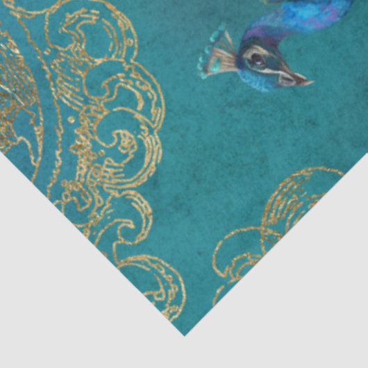 Moonlight Peacock n Feathers Gold Aquamarine Decou Seidenpapier (Ausschnitt)