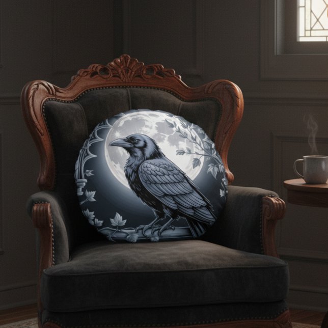 Moonlight Raven Goth Throw Pillow Rundes Kissen (Black raven throw pillow)