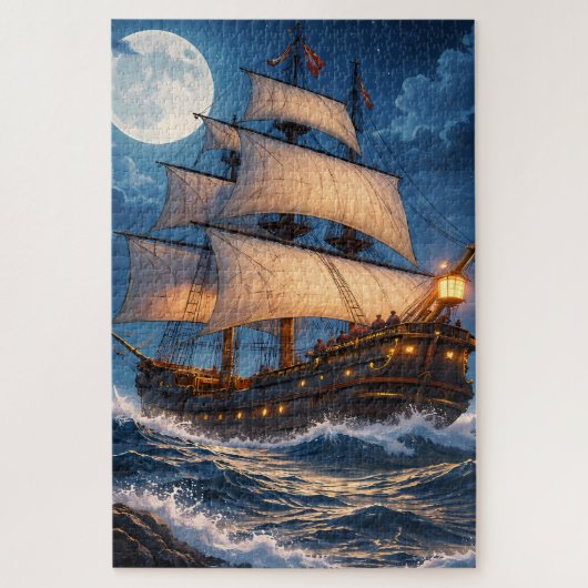 Moonlight Ship Puzzle – Ocean Night Jigsaw (Vertikal)