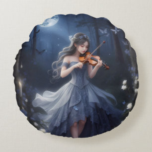 Moonlight Symphony - Dreamy Violin Playing Girl Rundes Kissen
