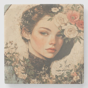 Moonlit Beauty - Frau mit Blume und Vollmond Steinuntersetzer