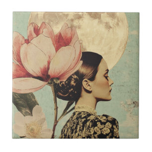 Moonlit Beauty - Frau mit rosa Blume und Mond Fliese