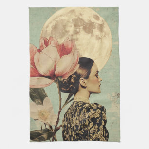 Moonlit Beauty - Frau mit rosa Blume und Mond Geschirrtuch