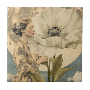 Moonlit Beauty - Frau mit weißer Blume und Mond Fliese