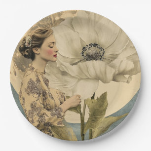 Moonlit Beauty - Frau mit weißer Blume und Mond Pappteller