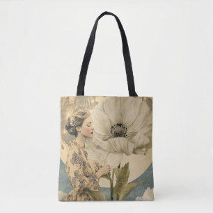 Moonlit Beauty - Frau mit weißer Blume und Mond Tasche